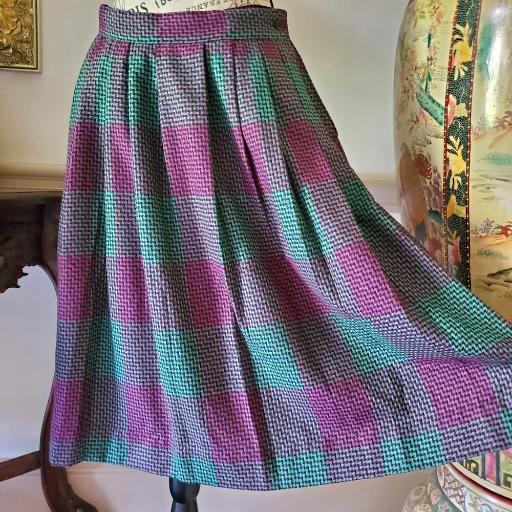 Vintage Teal And Fuchsia Gingham Plaid Wool Blend Skirt